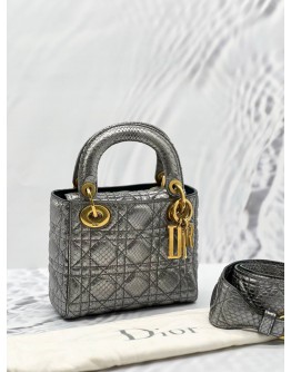 (LIKE NEW) CHRITSIAN DIOR MINI LADY DIOR LIMITED EDITION METALLIC GREY / SILVER IN PYTHON LEATHER 