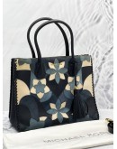 MICHAEL KORS MERCER LARGE FLOWER PATCHWORK TOTE HANDLE BAG IN BLUE / WHITE