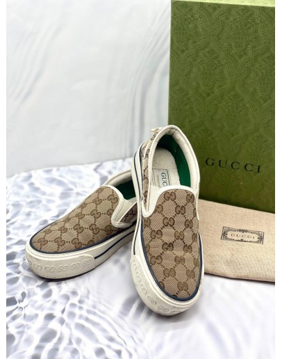 GUCCI TENNIS 1977 SLIP-ON BEIGE EBONY SIGNATURE GG CANVAS SNEAKERS -FULL SET-