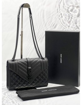 (UNUSED) YSL YVES SAINT LAURENT ENVELOPE MEDIUM IN BLACK QUILTED GRAIN DE POUDRE EMBOSSED LEATHER 