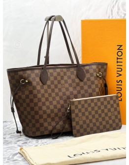 2022 MICROCHIP LOUIS VUITTON NEVERFULL MM WITH SMALL POUCH TOTE BAG IN BROWN DAMIER EBENE CANVAS -FULL SET-