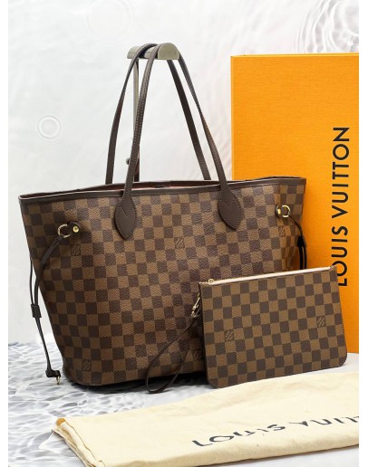 2022 MICROCHIP LOUIS VUITTON NEVERFULL MM WITH SMALL POUCH TOTE BAG IN BROWN DAMIER EBENE CANVAS -FULL SET-