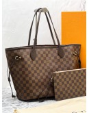 2022 MICROCHIP LOUIS VUITTON NEVERFULL MM WITH SMALL POUCH TOTE BAG IN BROWN DAMIER EBENE CANVAS -FULL SET-