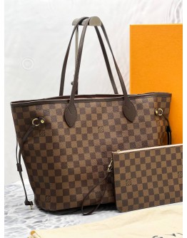 2022 MICROCHIP LOUIS VUITTON NEVERFULL MM WITH SMALL POUCH TOTE BAG IN BROWN DAMIER EBENE CANVAS -FULL SET-