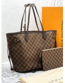 2022 MICROCHIP LOUIS VUITTON NEVERFULL MM WITH SMALL POUCH TOTE BAG IN BROWN DAMIER EBENE CANVAS -FULL SET-