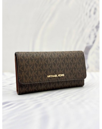 (UNUSED) MICHAEL KORS SIGNATURE LONG WALLET IN DARK BROWN BROWN CANVAS AND BROWN CALFSKIN LEATHER