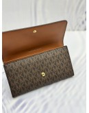 (UNUSED) MICHAEL KORS SIGNATURE LONG WALLET IN DARK BROWN BROWN CANVAS AND BROWN CALFSKIN LEATHER