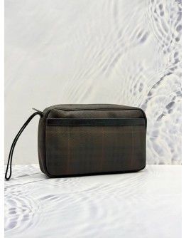 BURBERRY NOVA CHECK SHADOW HORSE CLUTCH IN DARK BROWN CANVAS AND CALFSKIN LEATHER