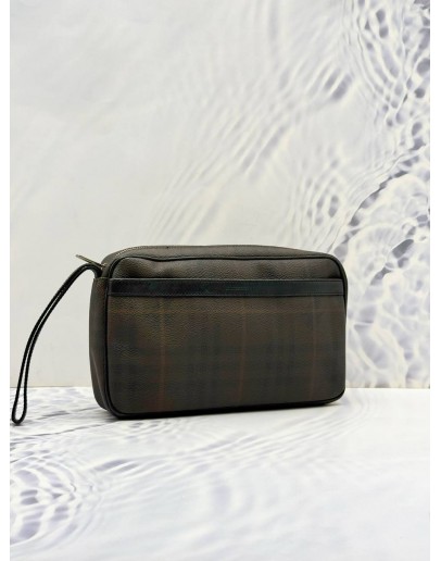 BURBERRY NOVA CHECK SHADOW HORSE CLUTCH IN DARK BROWN CANVAS AND CALFSKIN LEATHER