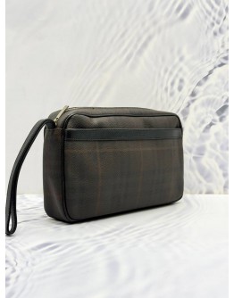 BURBERRY NOVA CHECK SHADOW HORSE CLUTCH IN DARK BROWN CANVAS AND CALFSKIN LEATHER