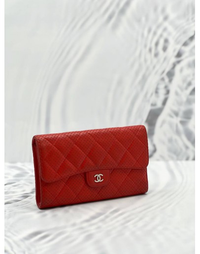 CHANEL PERFORATED LAMBSKIN LEATHER SNAP LONG WALLET IN RED