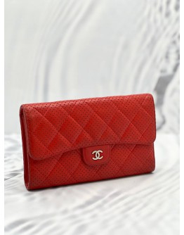 CHANEL PERFORATED LAMBSKIN LEATHER SNAP LONG WALLET IN RED