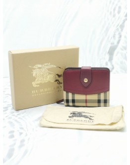 BURBERRY BEIGE / BURGUNDY HORSEFERRY CHECK CANVAS AND LEATHER FINSBURY WALLET -FULL SET- 