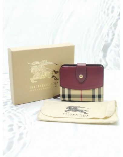 BURBERRY BEIGE / BURGUNDY HORSEFERRY CHECK CANVAS AND LEATHER FINSBURY WALLET -FULL SET- 