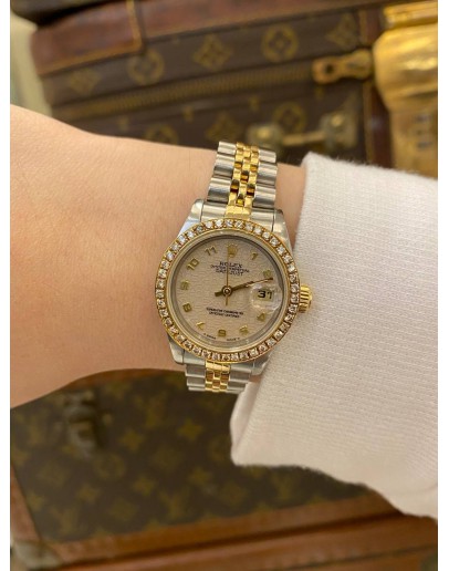 2002 ROLEX LADY DATEJUST REF 69173 HALF 18K 750 YELLOW GOLD DIAMOND BEZEL 26MM AUTOMATIC WATCH 