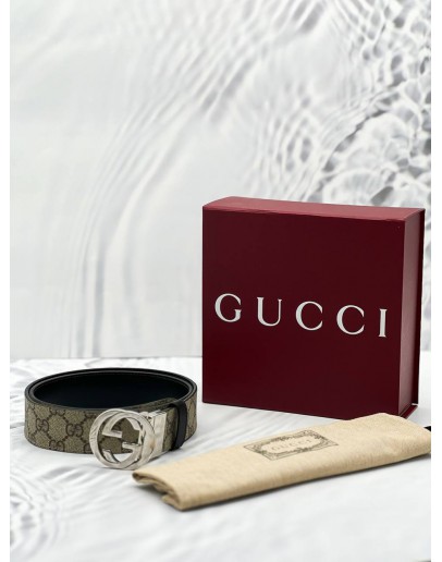 GUCCI REVERSIBLE GG SUPREME CANVAS / BLACK INTERLOCKING G BUCKLE BELT SIZE 85/34 -FULL SET-