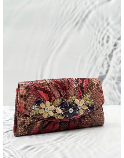 JUDITH LEIBER EXPLORES CRYSTAL AND EXOTICE IN MUTICOLOR PYTHON LEATHER DINNER CLUTCH