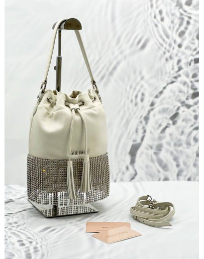 MIU MIU NAPA STARLIGHT BUCKET BAG WITH CRYSTAL FRINGE IN WHITE LEATHER