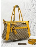 GUCCI BEIGE CANVAS / YELLOW ORANGE LEATHRE BELLA TOP HANDLE BAG 