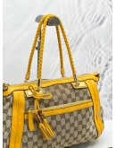 GUCCI BEIGE CANVAS / YELLOW ORANGE LEATHRE BELLA TOP HANDLE BAG 