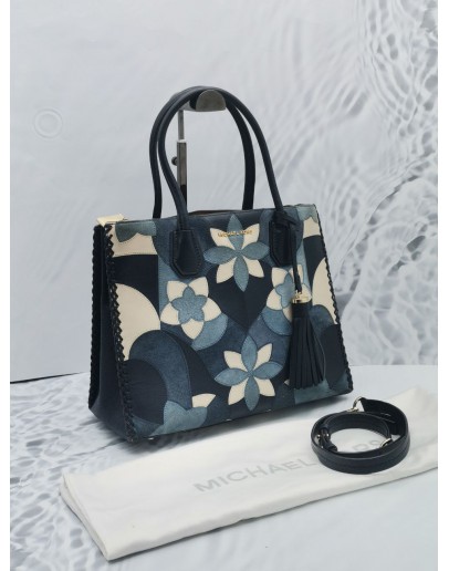 MICHAEL KORS NAVY BLUE LEATHER & SUEDE MERCER FLORAL TOTE BAG 