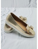 SALVATORE FERRAGAMO METALLIC GOLD LEATHER NOVELLO BOW SLIP ON FLATS SIZE 5