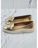 SALVATORE FERRAGAMO METALLIC GOLD LEATHER NOVELLO BOW SLIP ON FLATS SIZE 5