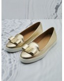 SALVATORE FERRAGAMO METALLIC GOLD LEATHER NOVELLO BOW SLIP ON FLATS SIZE 5