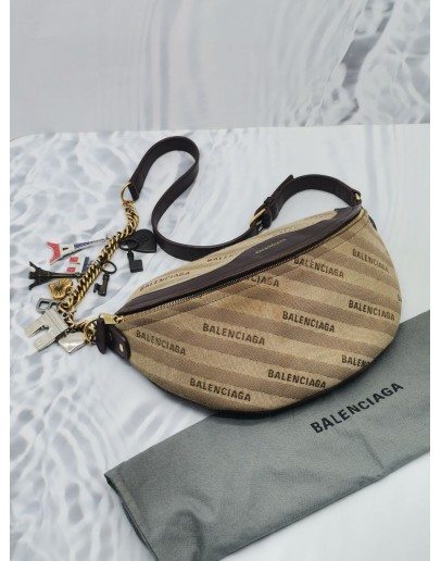 BALENCIAGA CANVAS JACQUARD DIAGONAL ALLOVER LOGO XS SOUVENIR BELT BAG 