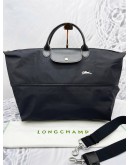 (UNUSED) LONGCHAMP LE PLIAGE TYPE “L” MODELE DEPOSE TRAVEL BAG WITH ADJUSTABLE STRAP IN BLACK CANVAS AND LEATHER -FULL SET-