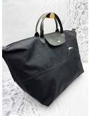 (UNUSED) LONGCHAMP LE PLIAGE TYPE “L” MODELE DEPOSE TRAVEL BAG WITH ADJUSTABLE STRAP IN BLACK CANVAS AND LEATHER -FULL SET-