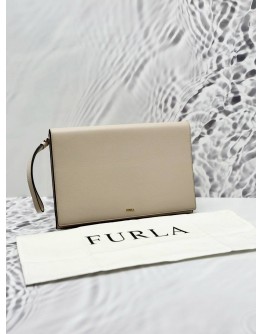 (UNUSED) FURLA FLAP POUCH IN BEIGE GRAINED CALFSKIN LEATHER
