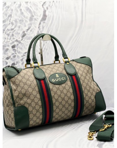 GUCCI SOFT GG SUPREME CANVAS / GREEN CALFSKIN LEATHER NEO VINTAGE WEB SKULL MEDIUM DUFFEL BAG WITH STRAP 