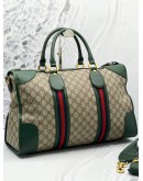 GUCCI SOFT GG SUPREME CANVAS / GREEN CALFSKIN LEATHER NEO VINTAGE WEB SKULL MEDIUM DUFFEL BAG WITH STRAP 