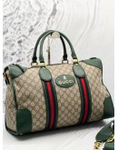 GUCCI SOFT GG SUPREME CANVAS / GREEN CALFSKIN LEATHER NEO VINTAGE WEB SKULL MEDIUM DUFFEL BAG WITH STRAP 