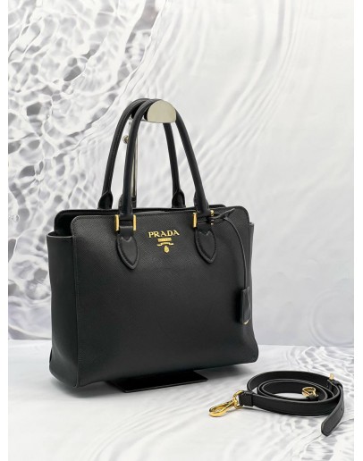 PRADA TOP HANDLE SNAP TOTE BAG IN BLACK SAFFIANO LUX LEATHER 