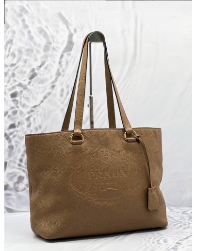 PRADA CARAMEL VITELLO DAINO LOGO EMBOSSED LEATHER TOTE SHOULDER BAG 