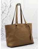 PRADA CARAMEL VITELLO DAINO LOGO EMBOSSED LEATHER TOTE SHOULDER BAG 