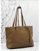 PRADA CARAMEL VITELLO DAINO LOGO EMBOSSED LEATHER TOTE SHOULDER BAG 