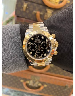 2018 ROLEX DAYTONA REF 116523 BLACK DIAMOND DIAL HALF 18K 750 YELLOW GOLD 40MM AUTOMATIC WATCH 