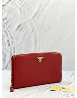 2013 PRADA LARGE TRAVEL ZIP AROUND LONG WALLET IN RED SAFFIANO LEATHER