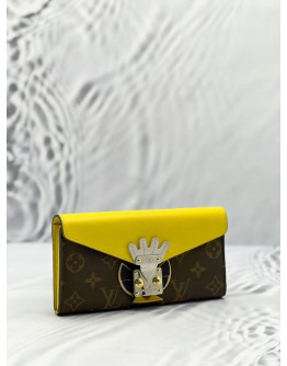 (LIKE NEW) LOUIS VUITTON TRIBAL MASK SARAH LONG WALLET IN YELLOW LEATHER / BROWN MONOGRAM CANVAS