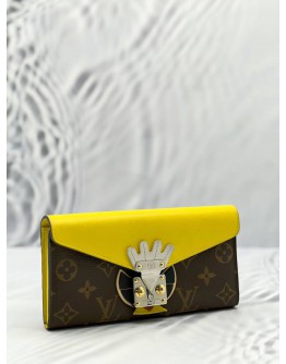 (LIKE NEW) LOUIS VUITTON TRIBAL MASK SARAH LONG WALLET IN YELLOW LEATHER / BROWN MONOGRAM CANVAS