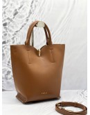 FURLA RIBBON BUCKET HANDLE BAG WITH LONG STRAP IN BROWN LEATHER