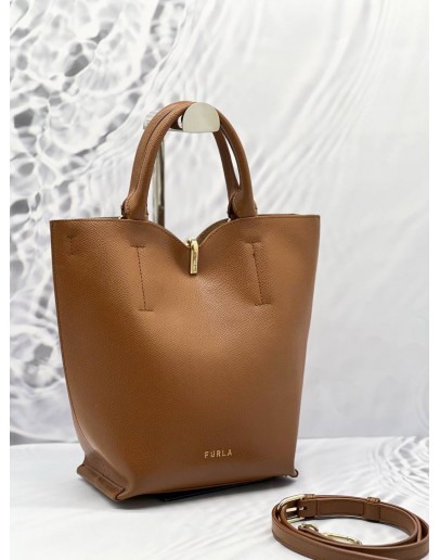 FURLA RIBBON BUCKET HANDLE BAG WITH LONG STRAP IN BROWN LEATHER