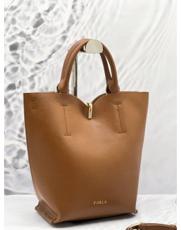 FURLA RIBBON BUCKET HANDLE BAG WITH LONG STRAP IN BROWN LEATHER