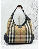 BURBERRY BROOK HOBO SHOULDER BAG IN BEIGE CANVAS AND BLACK CALFSKIN LEATHER