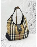 BURBERRY BROOK HOBO SHOULDER BAG IN BEIGE CANVAS AND BLACK CALFSKIN LEATHER