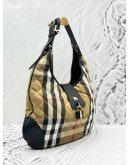 BURBERRY BROOK HOBO SHOULDER BAG IN BEIGE CANVAS AND BLACK CALFSKIN LEATHER
