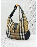 BURBERRY BROOK HOBO SHOULDER BAG IN BEIGE CANVAS AND BLACK CALFSKIN LEATHER